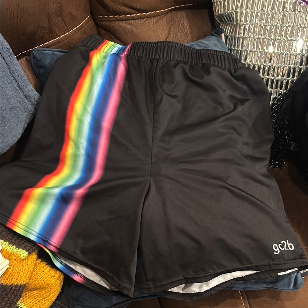 Women's Black Swim Shorts with Rainbow Stripe